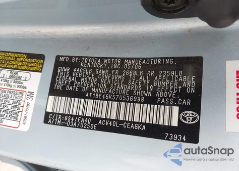 2007 Toyota Camry Xle from USA, damaged, VIN 4T1BE46K57U536998